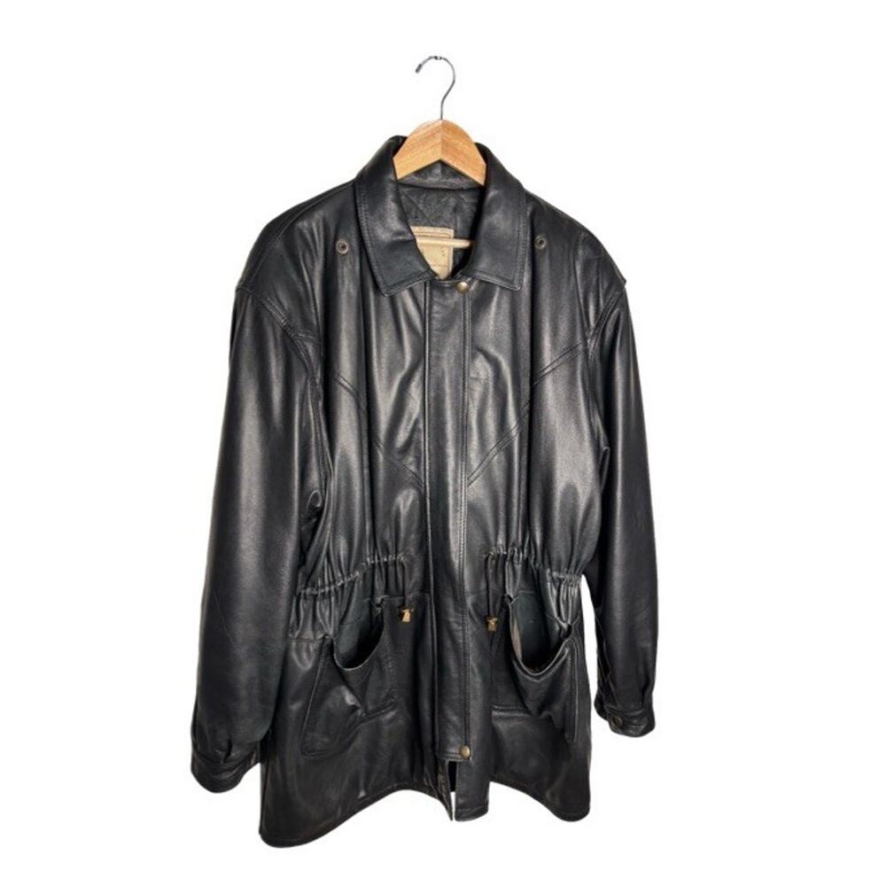 Vintage Echtes Leder Leather Jacket Size XL Black Knee Length Cinched Waist Flaw